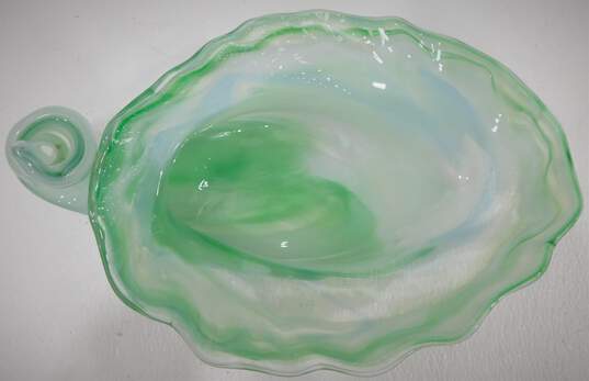 Vintage Green Hand Blown Art Glass Bowl Spiral Handle image number 2