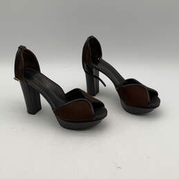 Womens Brown Leather Fur Ankle Strap Block Platform Heels Size 39.5 alternative image