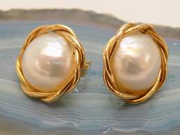 14K Yellow Gold Rope Chain Accented Pearl Post Earrings 2.2g