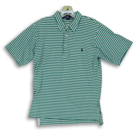 Mens Green Striped Short Sleeve Collared 3 Button Golf Polo Shirt Size S image number 1