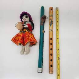 Lot Hand-Decorated Wooden Flutes & Handmade Cloth Doll w/ Clay Pot