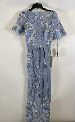NWT Adrianna Papell Womens Powder Blue Floral Lace Belted Maxi Dress Size 2
