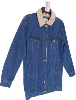 Womens Blue Sherpa Long Sleeve Collared Button Up Denim Jacket Size Small alternative image