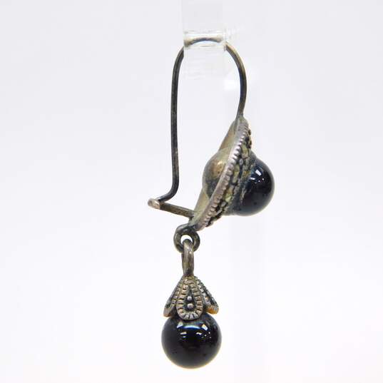 Artisan 925 Marcasite & Onyx & Inlay Rectangle Drop & Stud Post Earrings 9.8g image number 5