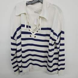 LOFT White Blue Striped Knit Long Sleeve Collared Sweater