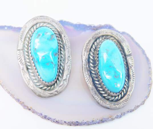 Vintage Southwestern Sterling Silver Turquoise Clip Earrings 15.8g image number 3