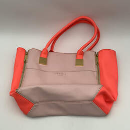 Womens Pink Orange Leather Inner Pocket Double Handle Zipper Shoulder Bag