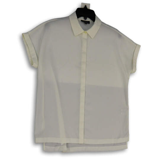 Womens White Short Sleeve Collared Button Front Blouse Top Size PM image number 1