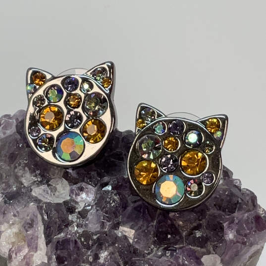 Designer Betsey Johnson Multicolor Rhinestone Cat Face Stud Earrings image number 1