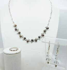 Romantic Sterling Silver Brown Tone Pearls & CZ Necklace & Ring w/ Crystal Dangle Earrings 24.3g