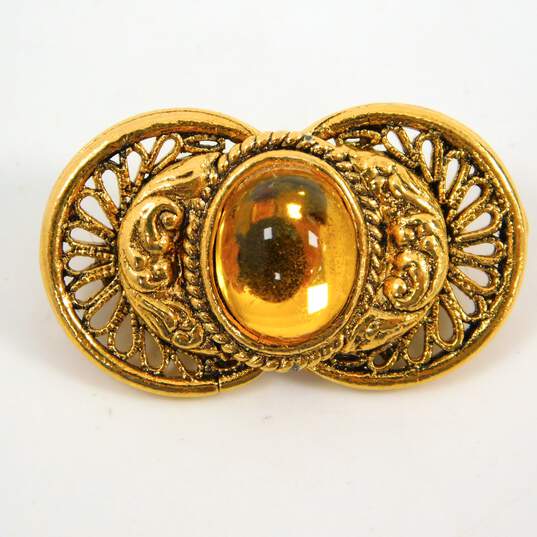 VNTG Art Nouveau Style Gold Tone & Gold Filled Onyx, Glass & Rhinestone Brooch Lot image number 4