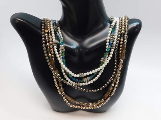 Romantic 925 Brown Cats Eye Crystals & Faux Pearls & Green & Blue & Granulared Beaded Multi Strand Necklaces 86.5g image number 1
