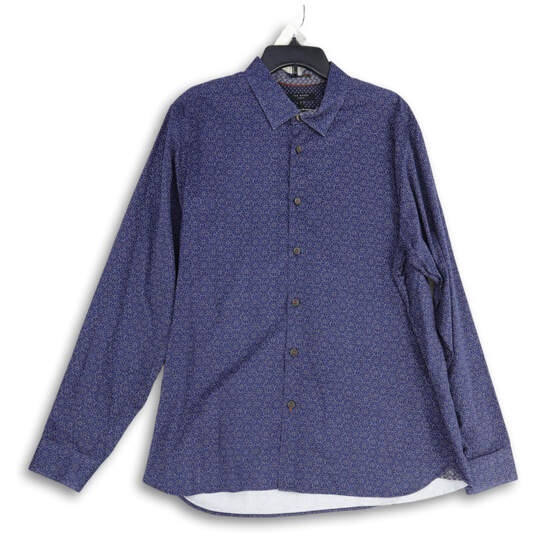 Mens Blue Geometric Long Sleeve Spread Collar Button-Up Shirt Size 7 image number 1