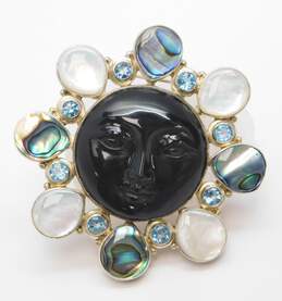 Sajen 925 Goddess Face Carved Purple Sheen Obsidian Faceted Topaz & Mother of Pearl & Abalone Shell Cluster Statement Pendant Brooch 57.4g