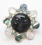 Sajen 925 Goddess Face Carved Purple Sheen Obsidian Faceted Topaz & Mother of Pearl & Abalone Shell Cluster Statement Pendant Brooch 57.4g image number 1