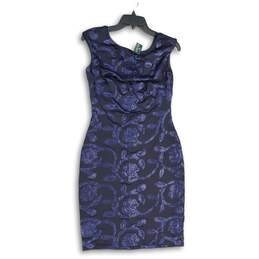 NWT Womens Navy Blue Sequin Round Neck Sleeveless Back Zip Bodycon Dress Size 2