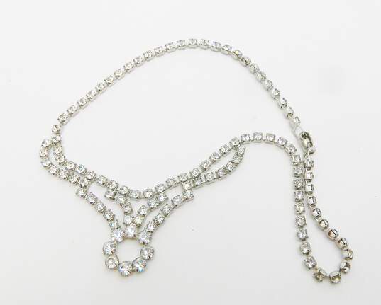 Vintage Icy Rhinestone & Silver Tone Necklace Brooch & Stretch Bracelet 58.7g image number 2