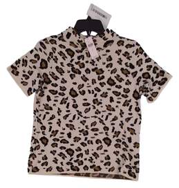 NWT Womens Beige Leopard Short Sleeve Mock Neck T-Shirt Size Small