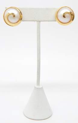 14K Gold White Blister Pearl Spiral Overlay Omega Clip Post Earrings 12.2g
