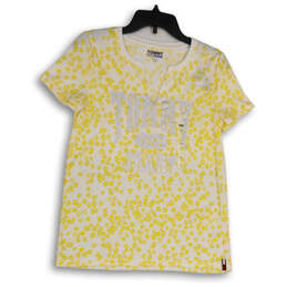 Womens White Yellow Floral Short Sleeve Split Neck Pullover T-Shirt Size S