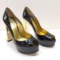Davis By Ruthie Davis Italy Black Patent Leather Peep Toe Pump Gold Heels Shoes Size  37.5 image number 3