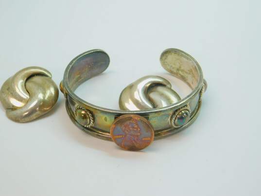 Taxco 925 Chunky Cuff Bracelet & Clip On Earrings 46.3g image number 5