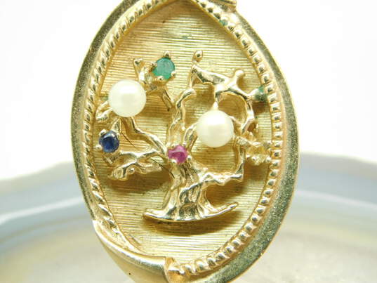 Vintage 14K Yellow Gold Sapphire Pearl Emerald & Ruby Family Tree Pendant 8.3g image number 4