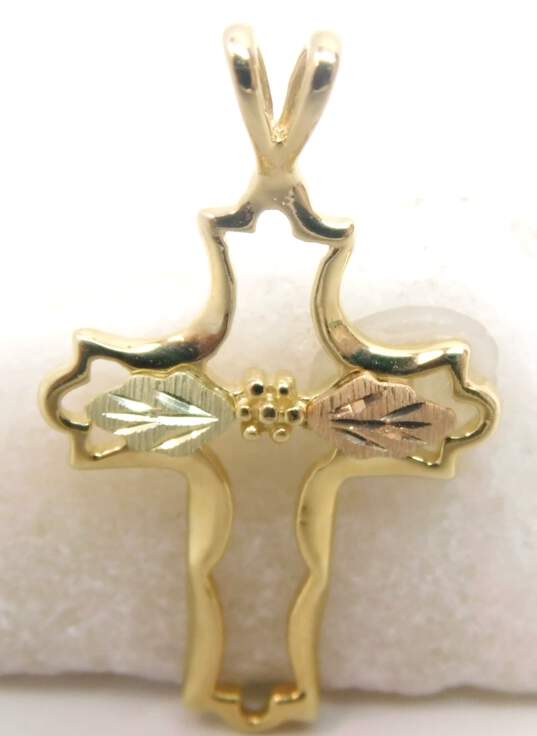 10K Yellow & Rose Gold Flower & Etched Leaves Open Scalloped Cross Pendant 1.5g image number 1