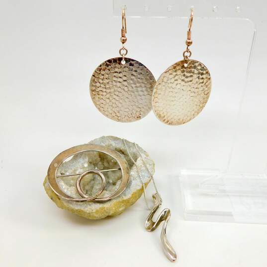 Taxco Mexico & Artisan 925 Modernist Wavy Squiggle Pendant Necklace Dotted Disc Drop Earrings & Loop Brooch 22.1g image number 1