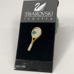 Designer Swarovski Gold-Tone Green Crystal Tennis Racket Brooch Pin