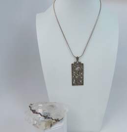 925 Marcasite Floral Pendant Necklace & Amethyst Bracelet 28.4g