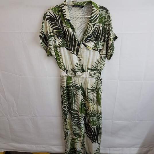 Zara short sleeve green tropical print jumpsuit women's XS image number 1