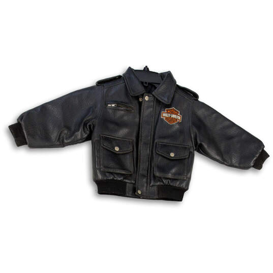 Boys Black Long Sleeve Collared Pockets Leather Motorcycle Jacket Size 5 image number 1