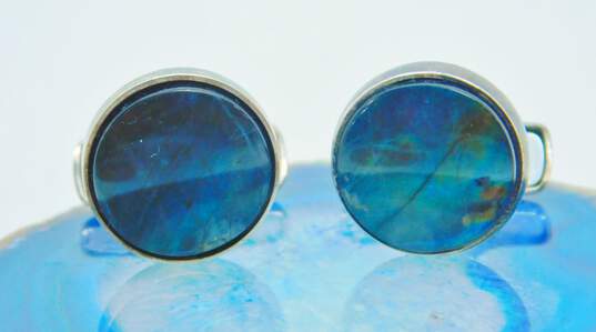 Artisan & ROM 925 Labradorite Cabochon Circle Cuff Links & Abstract Tribal Design Chunky Band Rings 24g image number 3
