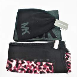 Michael Kors Women's Black & Grey Hat and Scarf Set with Calvin Klein Women's Black and Pink Thin Head or Neck Scarf