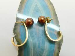 14K Yellow Gold Brown Pearl Stud J Hoop Enhancer Earrings 2.8g