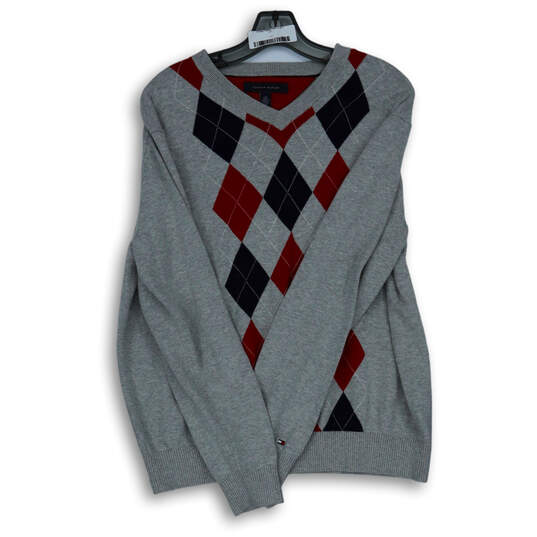 Mens Gray Knitted Long Sleeve V-Neck Argyle Pullover Sweater Size Large image number 1