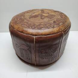 1980s Vintage Hand Tooled Leather Peruvian Hassock Pouf
