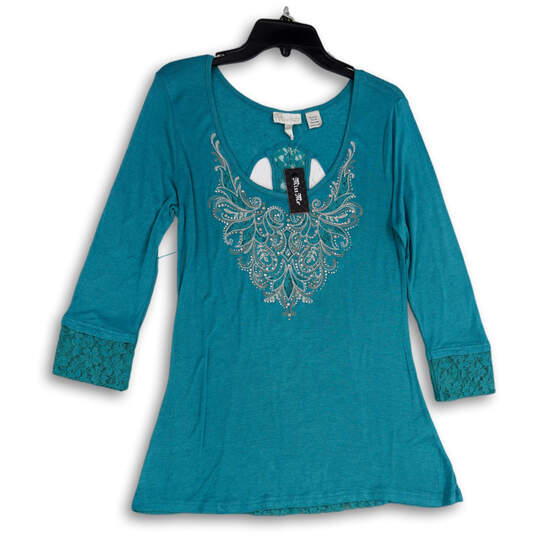 Womens Blue Lace Beaded Scoop Neck Long Sleeve Back Cutout Tunic Top Size L image number 1