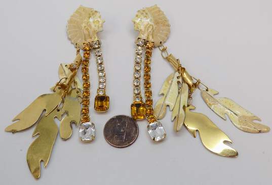 Vintage Lunch At The Ritz Goldtone Native American Chief Headdress Clear & Yellow Rhinestones & Cream Enamel Feathers Drop Post Earrings 35.2g image number 2