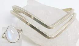 Sterling Silver Teardrop Moonstone Ring & Double Chevron Cuff Bracelet 22.1g