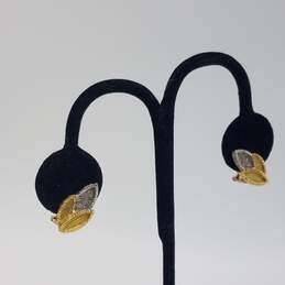 18k Two Tone Gold Diamond Flower Design Omega Back Earrings 7.6g
