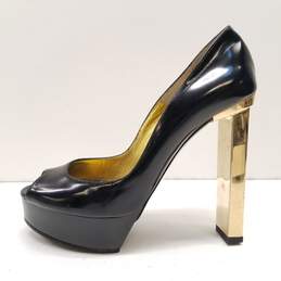 Davis By Ruthie Davis Italy Black Patent Leather Peep Toe Pump Gold Heels Shoes Size  37.5