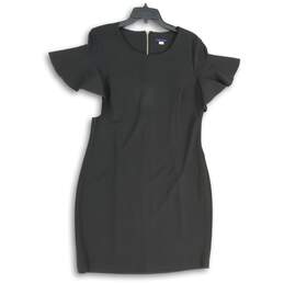 Womens Black Round Neck Ruffle Sleeve Back Zip Short Sheath Dress Size 12