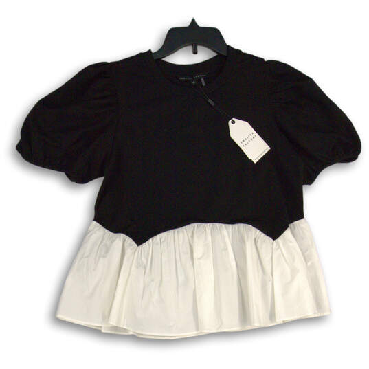 NWT Womens Black White Pleated Puff Sleeve Peplum Hem Blouse Top Size M image number 1