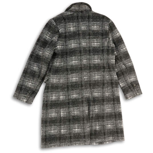 Womens Gray Plaid Notch Lapel Long Sleeve Flap Pocket Overcoat Size L image number 2