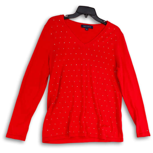 Womens Red Knitted Dotted Long Sleeve V-Neck Pullover Sweater Size Large image number 1