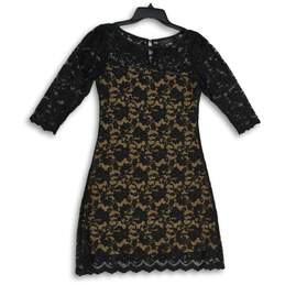 Karen Kane Womens Black Lace Round Neck Scalloped Hem Shift Dress Size M