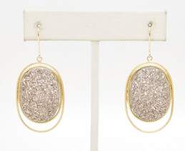 14K Gold Grey Druzy Textured Oval Drop Earrings 8.9g