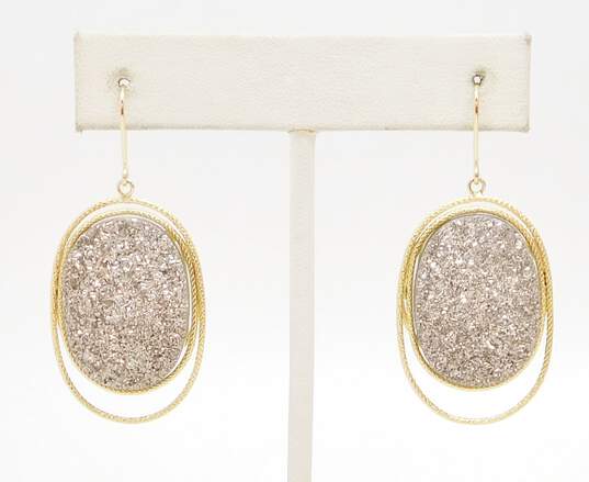 14K Gold Grey Druzy Textured Oval Drop Earrings 8.9g image number 1